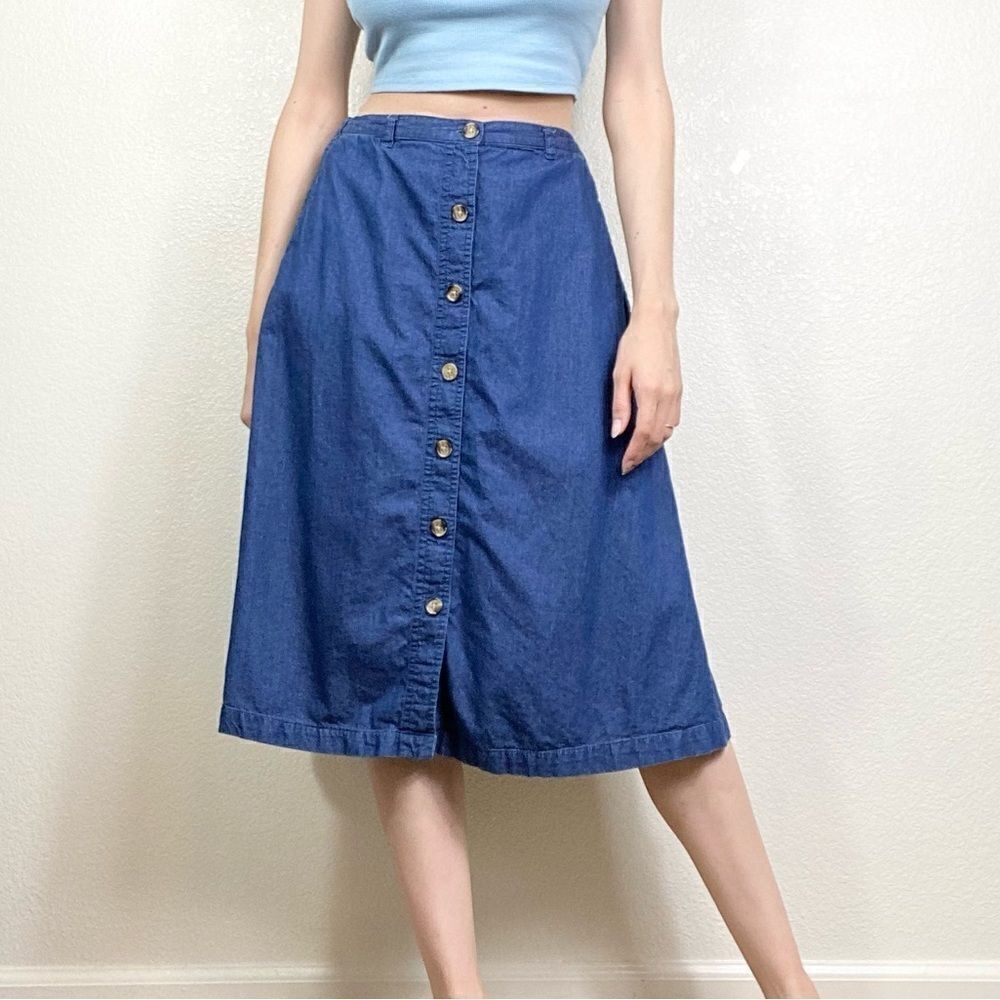 (8 Petite) Vintage Dark Wash Denim Button Up A Line Midi Skirt